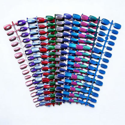 Summer Sparkling Short Square Cat-Eye Press-On Nails Collection: Elegant, Skin-Brightening Nail Art, New Design, Colorful Nail Strips
