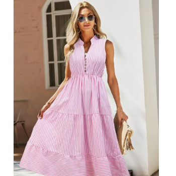 Summer Striped V-Neck Sleeveless Elastic Waist A-Line Midi Dress