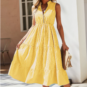 Summer Striped V-Neck Sleeveless Elastic Waist A-Line Midi Dress
