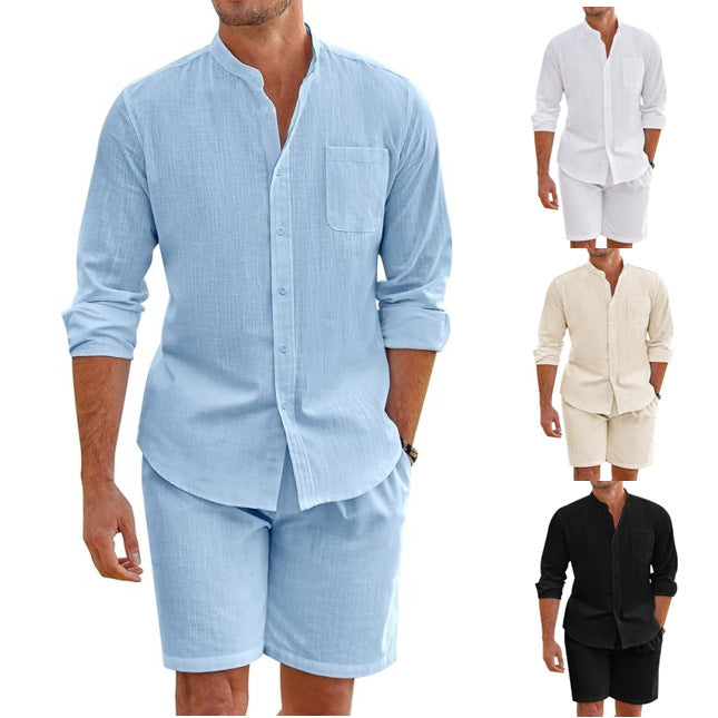 Summer Two-Piece Set Polyester Button Shirt Long Sleeve Shorts Cardigan Simple Casual Beach Wear