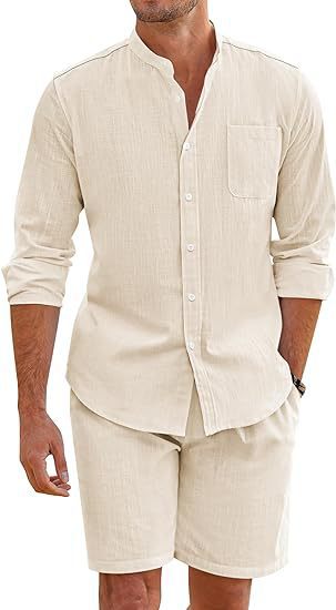 Summer Two-Piece Set Polyester Button Shirt Long Sleeve Shorts Cardigan Simple Casual Beach Wear