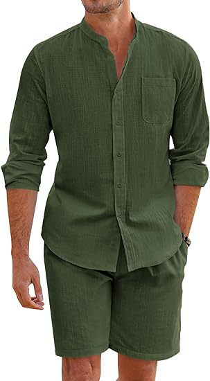 Summer Two-Piece Set Polyester Button Shirt Long Sleeve Shorts Cardigan Simple Casual Beach Wear