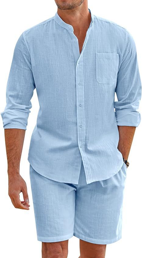 Summer Two-Piece Set Polyester Button Shirt Long Sleeve Shorts Cardigan Simple Casual Beach Wear