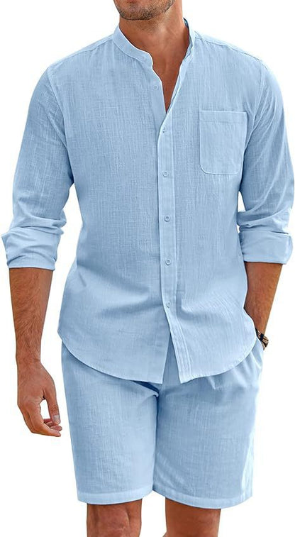 Summer Two-Piece Set Polyester Button Shirt Long Sleeve Shorts Cardigan Simple Casual Beach Wear