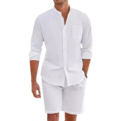 Summer Two-Piece Set Polyester Button Shirt Long Sleeve Shorts Cardigan Simple Casual Beach Wear