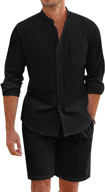 Summer Two-Piece Set Polyester Button Shirt Long Sleeve Shorts Cardigan Simple Casual Beach Wear