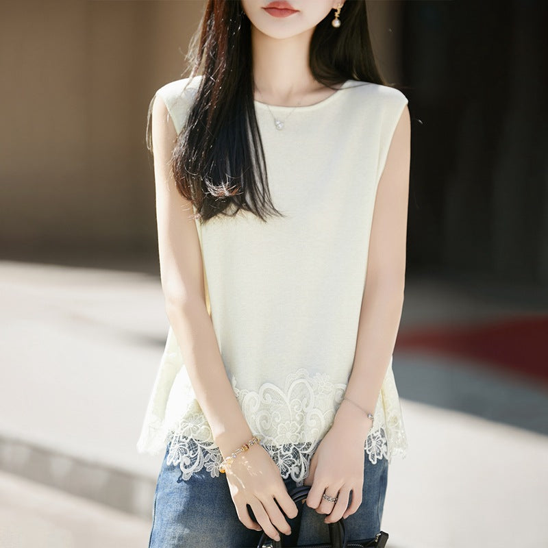 Summer women's cotton-linen round-neck lace-embroidered tank top