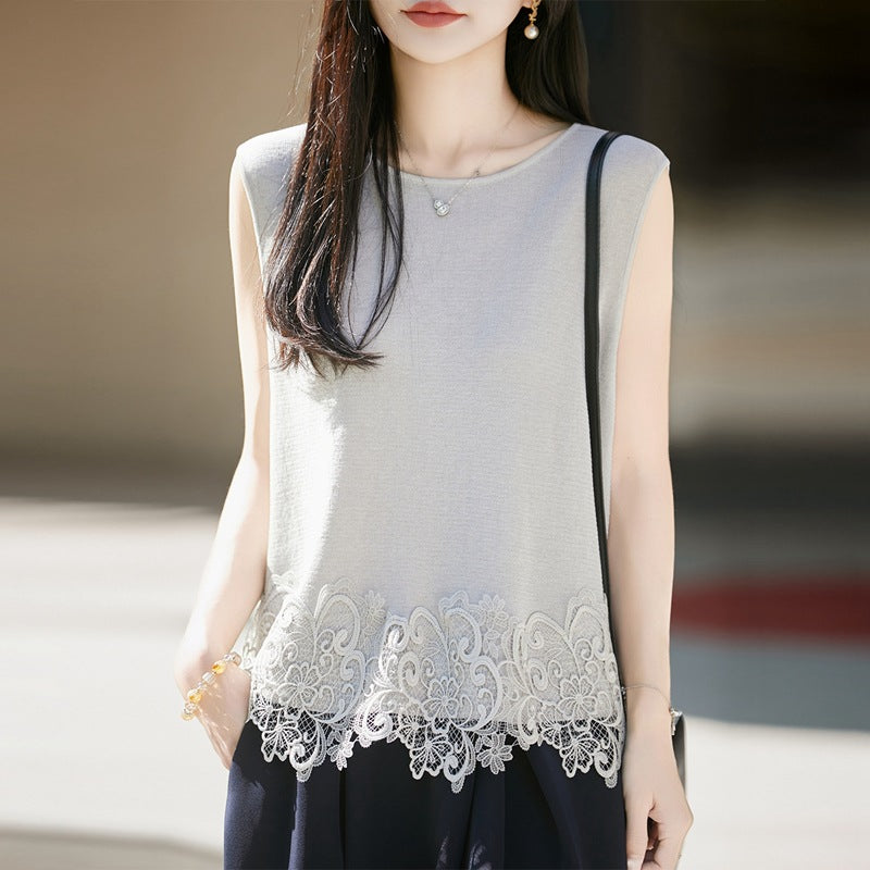 Summer women's cotton-linen round-neck lace-embroidered tank top
