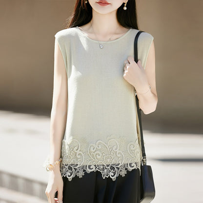 Summer women's cotton-linen round-neck lace-embroidered tank top