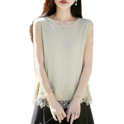 Summer women's cotton-linen round-neck lace-embroidered tank top