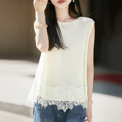 Summer women's cotton-linen round-neck lace-embroidered tank top