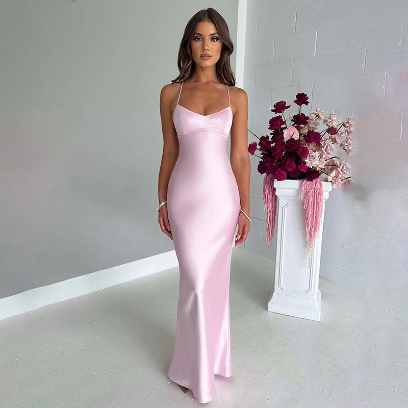 Summer Women's Elegant Satin Backless Long Dress