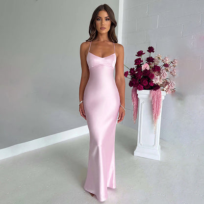 Summer Women's Elegant Satin Backless Long Dress