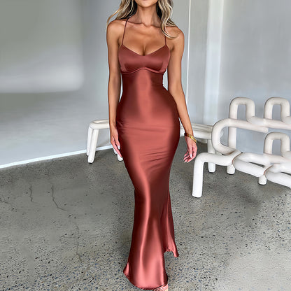Summer Women's Elegant Satin Backless Long Dress