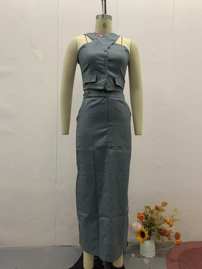 Summer Women's Halter Vest and High Waist Skirt Set