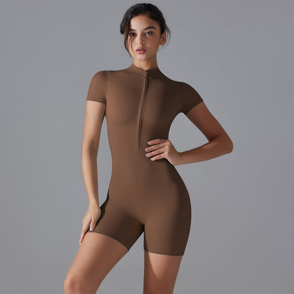 Summer zipper short-sleeved shirt and shorts yoga one-piece suit