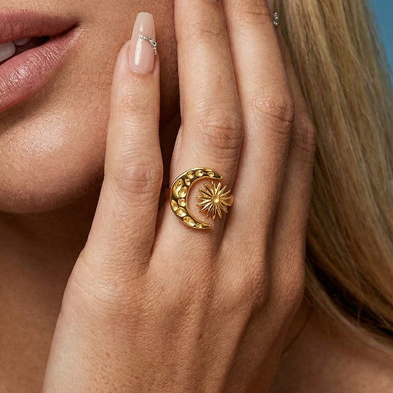 Sun Moon Star Titanium Steel Open Ring