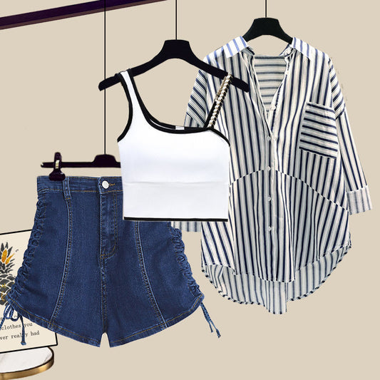 Sun-protective shirt and denim shorts