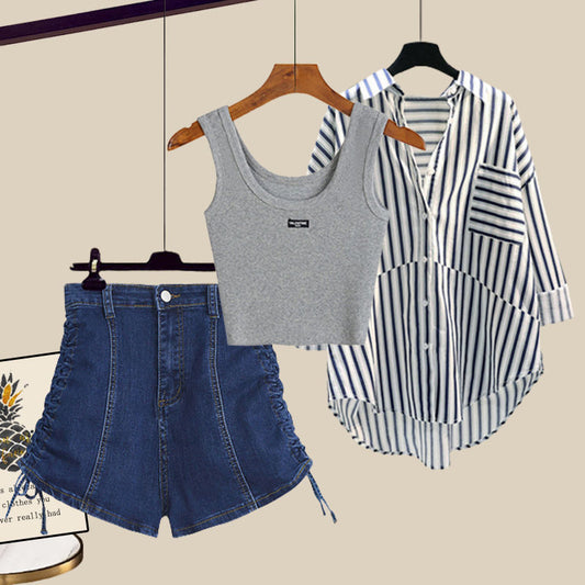 Sun-protective shirt and denim shorts
