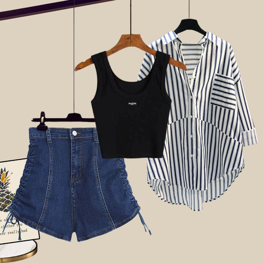 Sun-protective shirt and denim shorts