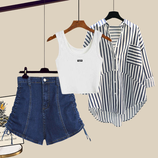 Sun-protective shirt and denim shorts