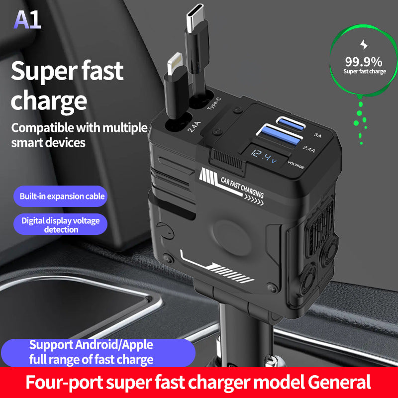 Super Fast Car Charger with Digital Display and Telescopic Cable