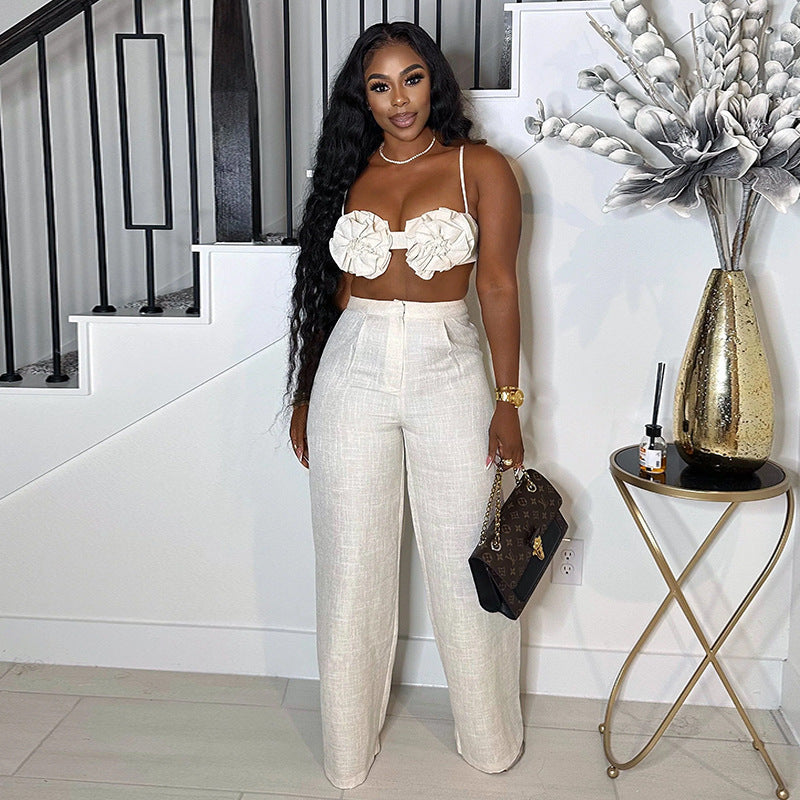 Sweet Tube Top and High Waist Straight Pants Two-Piece Set