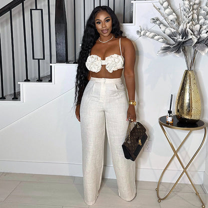 Sweet Tube Top and High Waist Straight Pants Two-Piece Set