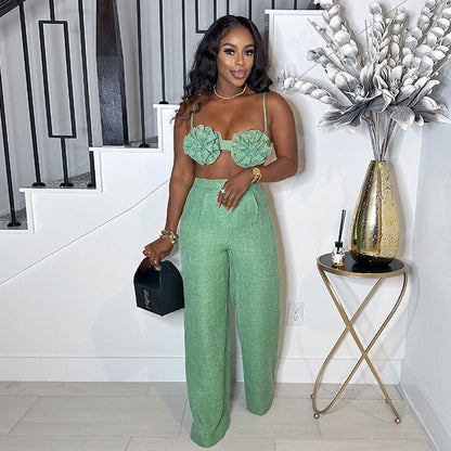 Sweet Tube Top and High Waist Straight Pants Two-Piece Set