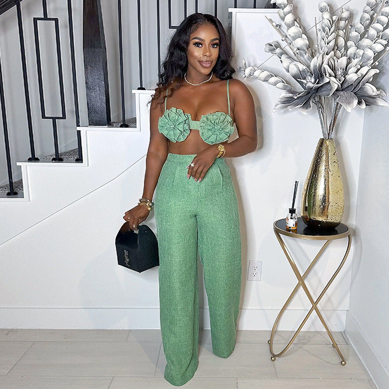 Sweet Tube Top and High Waist Straight Pants Two-Piece Set