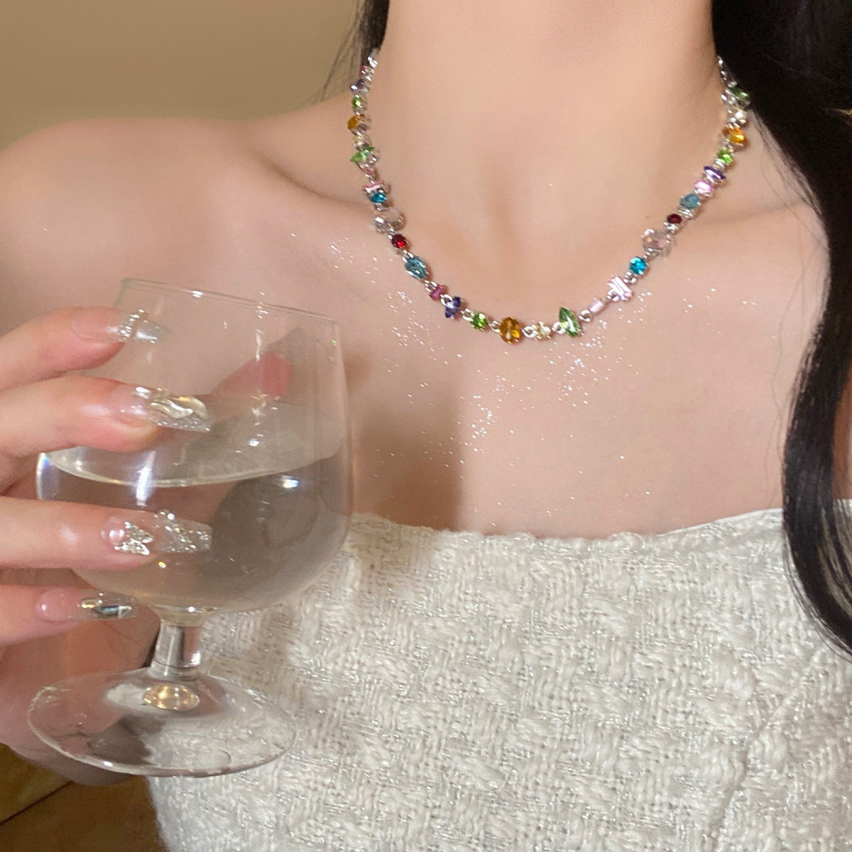 Sweetheart Candy Color Crystal Clavicle Chain Necklace