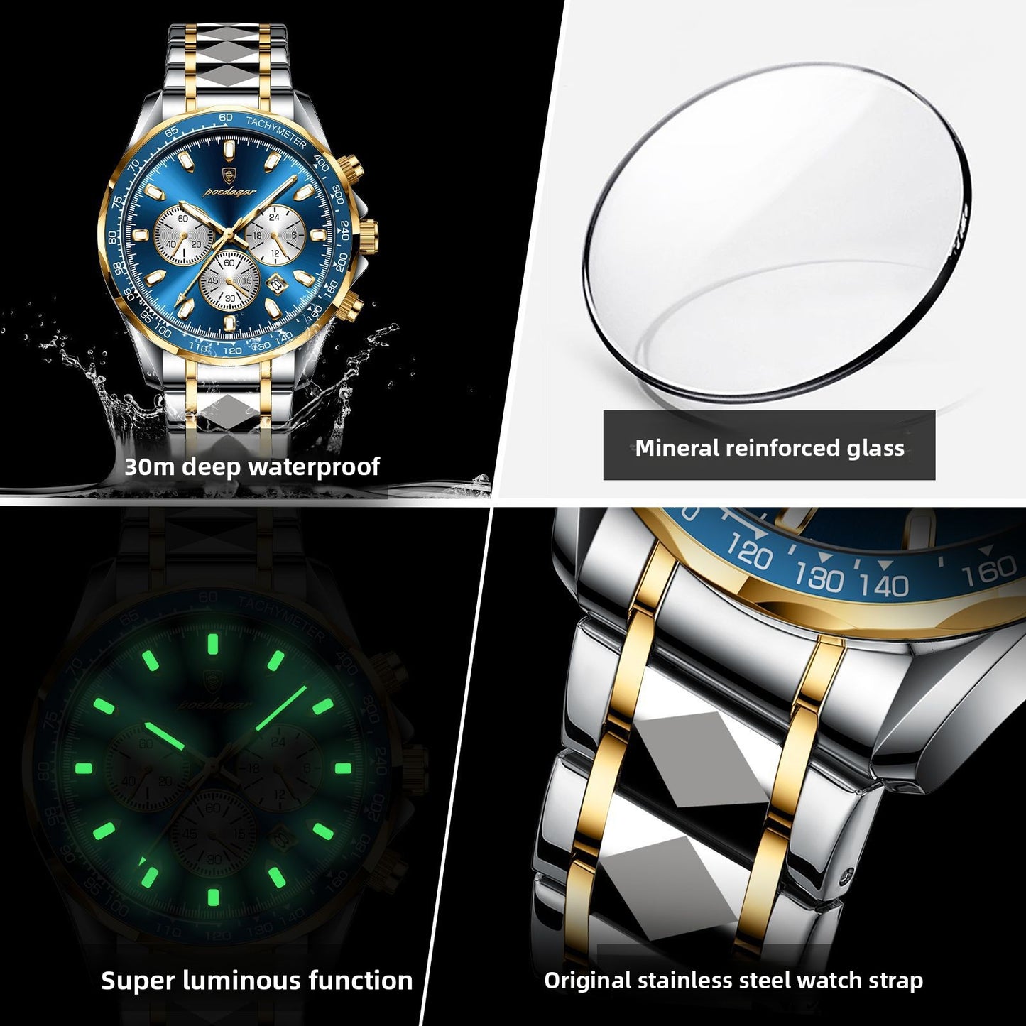 Swiss brand multifunctional men's watch steel band luminous quartz watch live foreign trade explosions a generation of hair