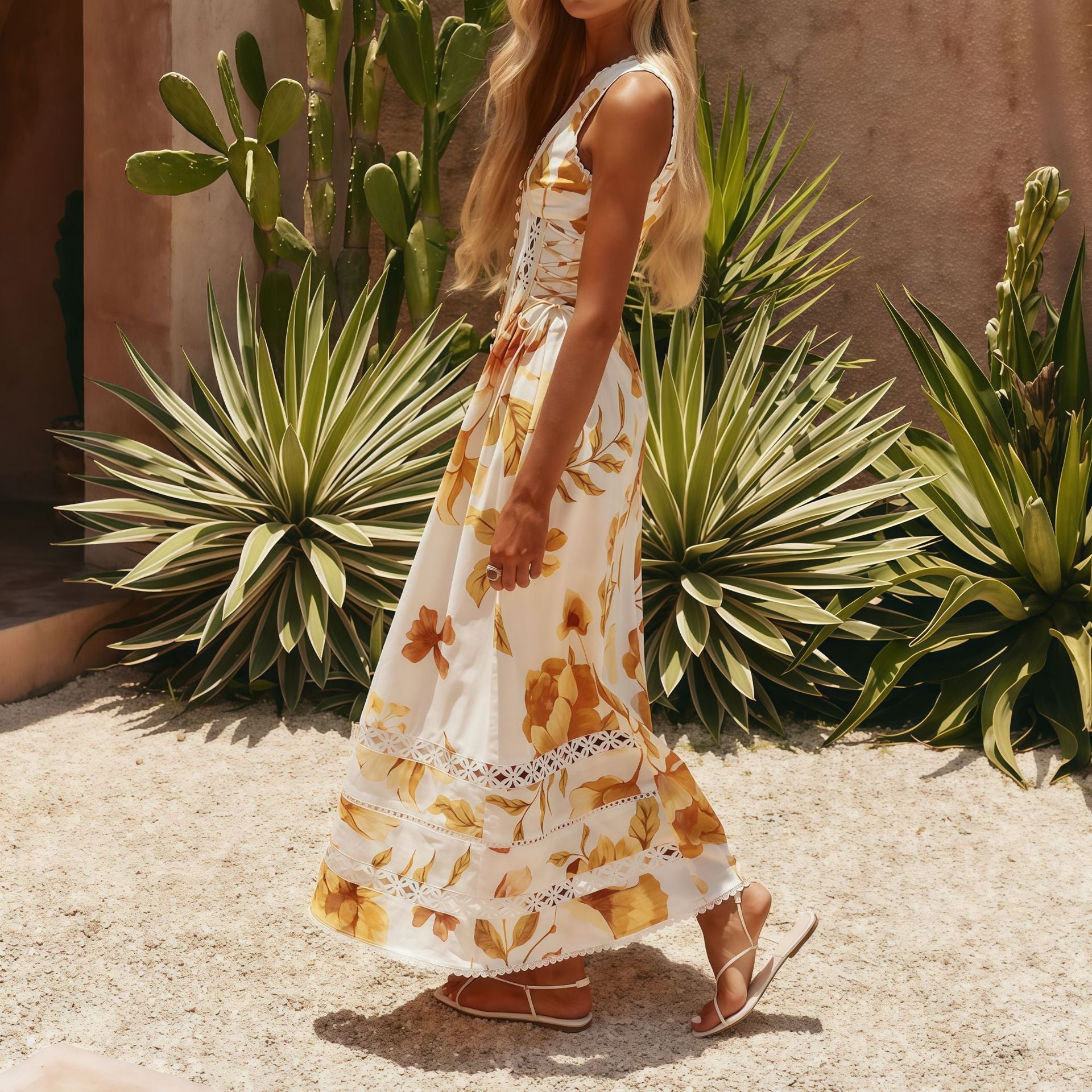Taop&Za Resort-Style V-Neck Waist-Cinching Slimming Lace Hollow-Out Tie-Waist Floral Long Dress
