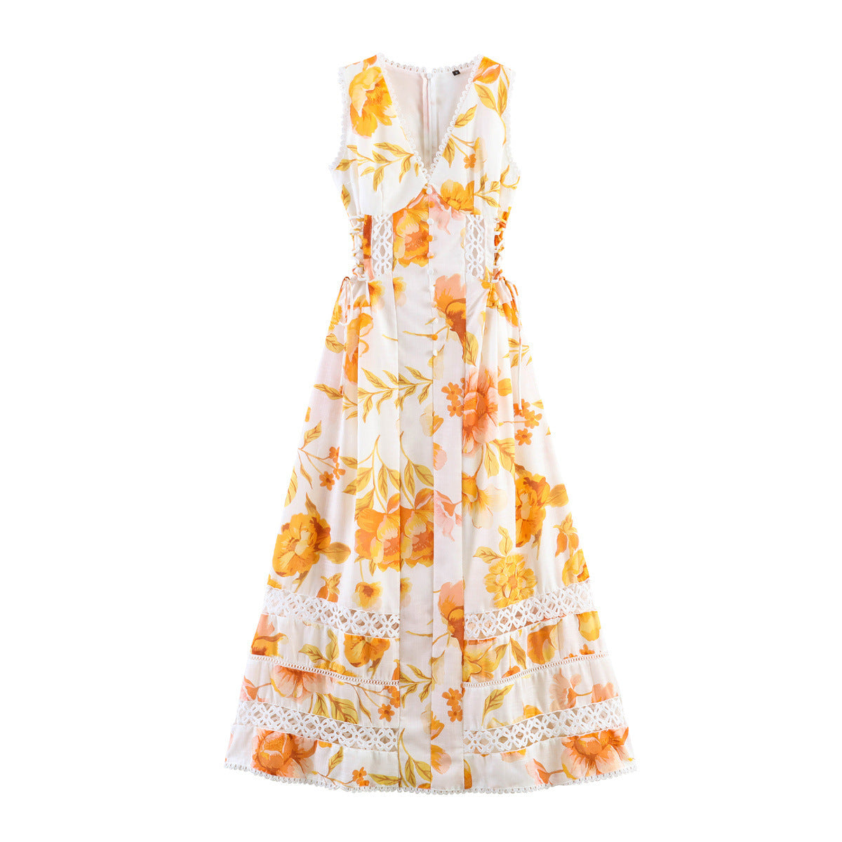Taop&Za Resort-Style V-Neck Waist-Cinching Slimming Lace Hollow-Out Tie-Waist Floral Long Dress