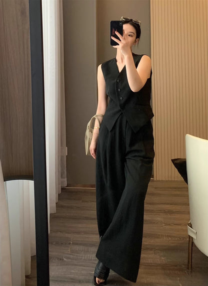 Tencel Linen Sleeveless Vest Wide-Leg Pants Set
