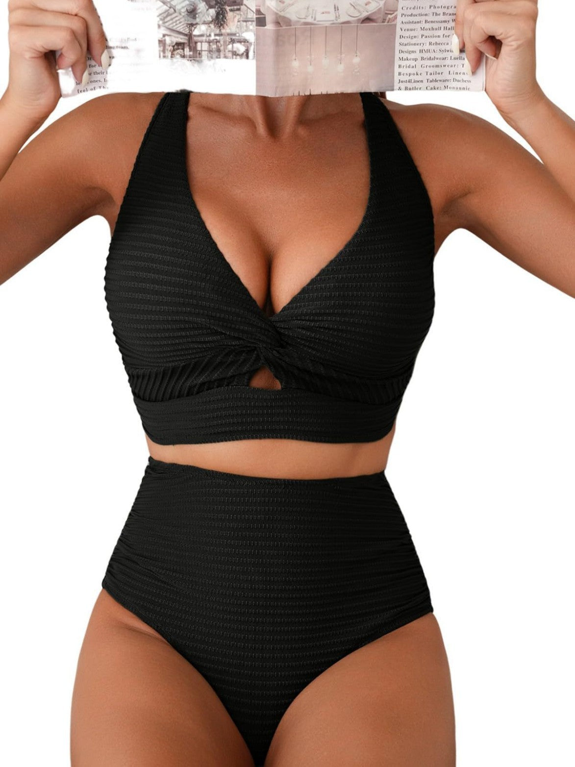 Textured Front Twist High Waist Bikini Set