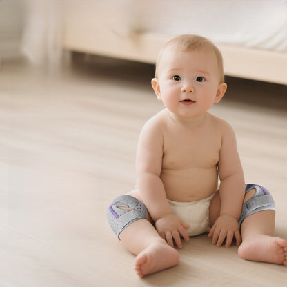 The baby is crawling with knee pads