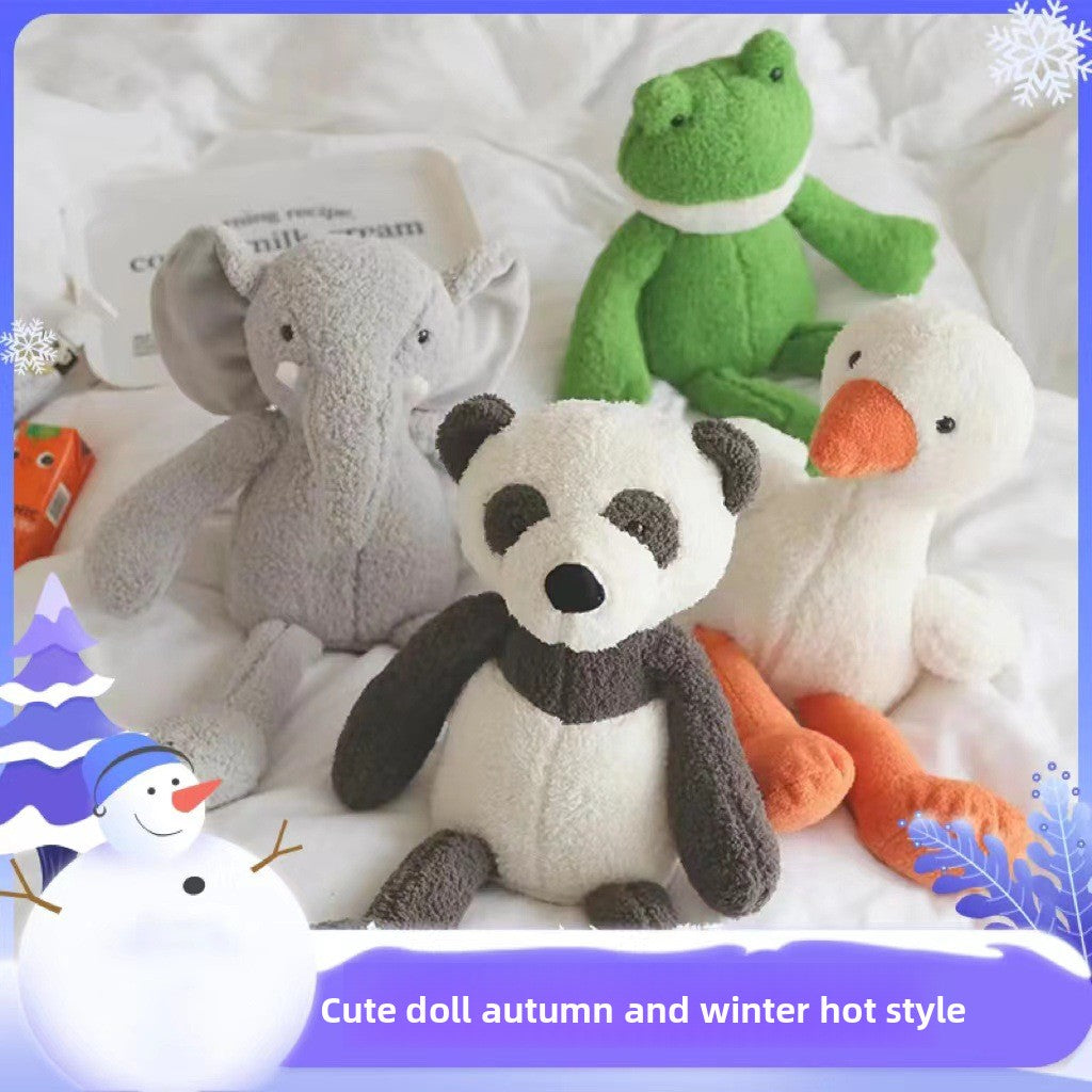 The cute frog soothes the stuffed toy