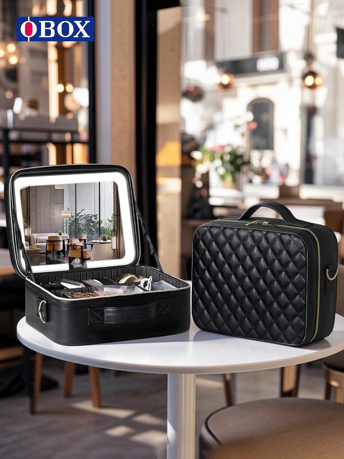 The makeup bag comes with a mirror and a lamp