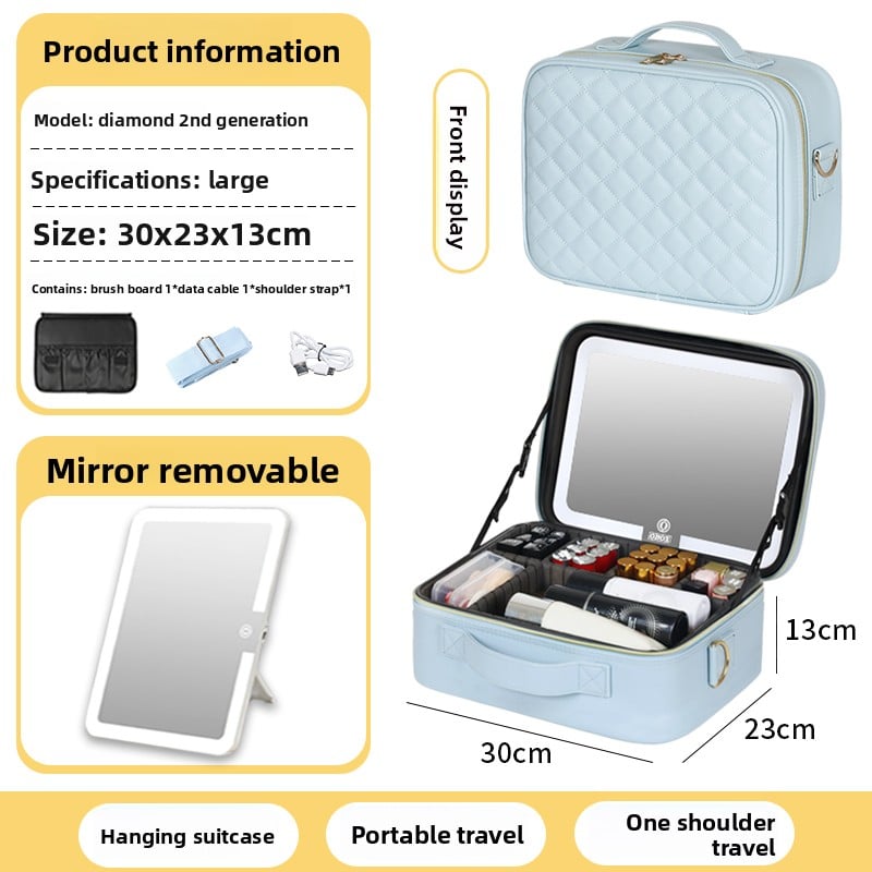 The makeup bag comes with a mirror and a lamp