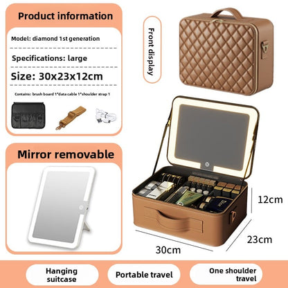 The makeup bag comes with a mirror and a lamp