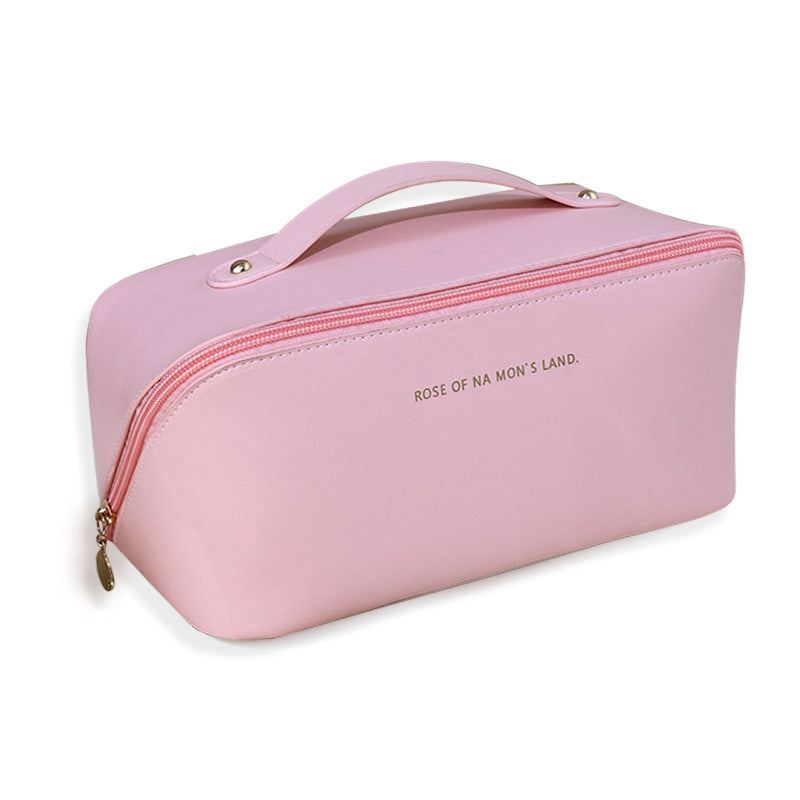 The multi-layered cosmetic bag is used to store travel toiletries