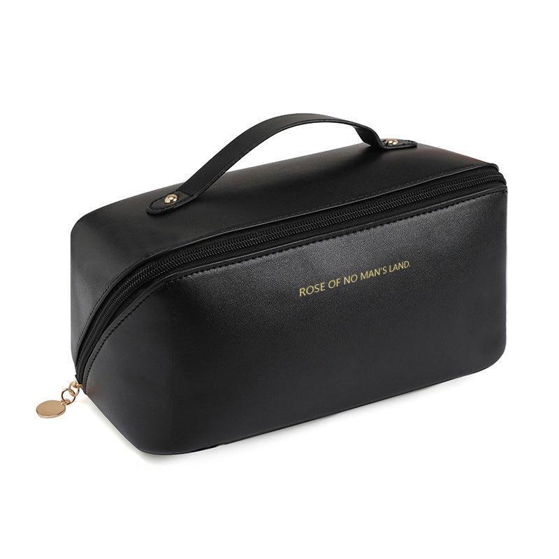 The multi-layered cosmetic bag is used to store travel toiletries