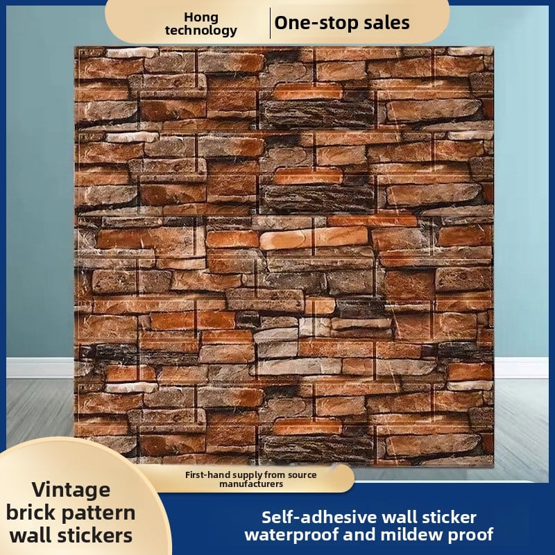The wallpaper features self-adhesive retro brick patterns