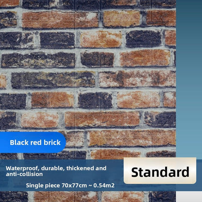 The wallpaper features self-adhesive retro brick patterns