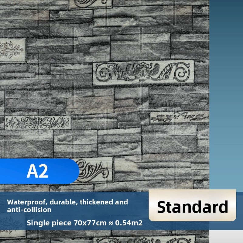 The wallpaper features self-adhesive retro brick patterns