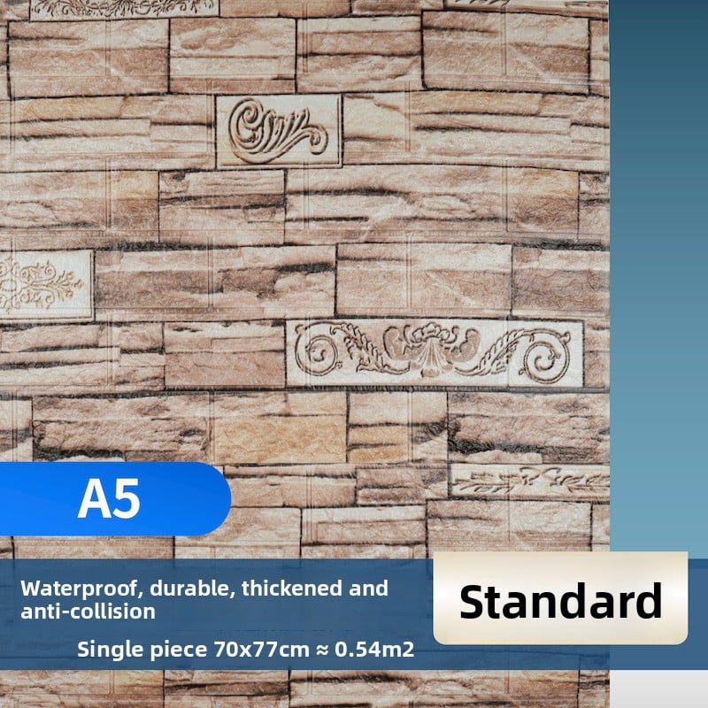 The wallpaper features self-adhesive retro brick patterns