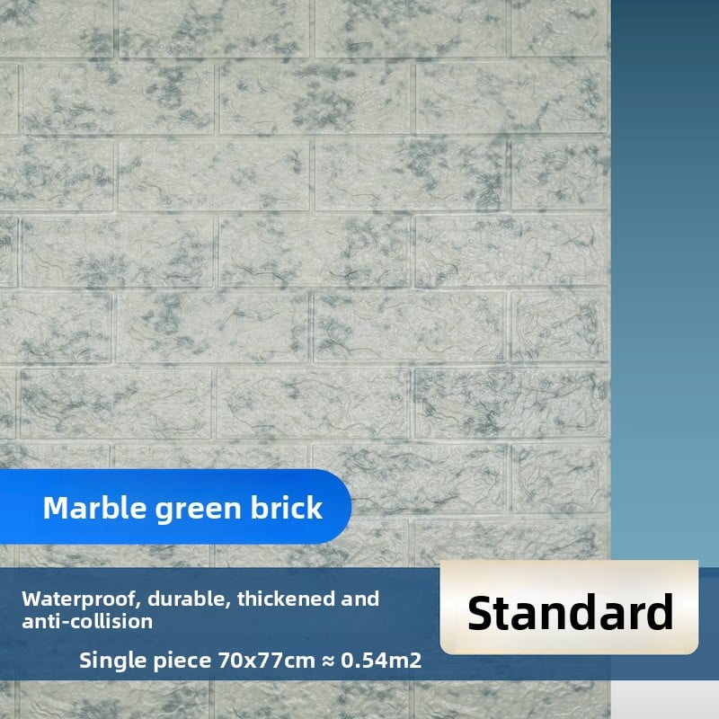 The wallpaper features self-adhesive retro brick patterns