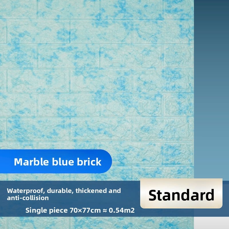The wallpaper features self-adhesive retro brick patterns