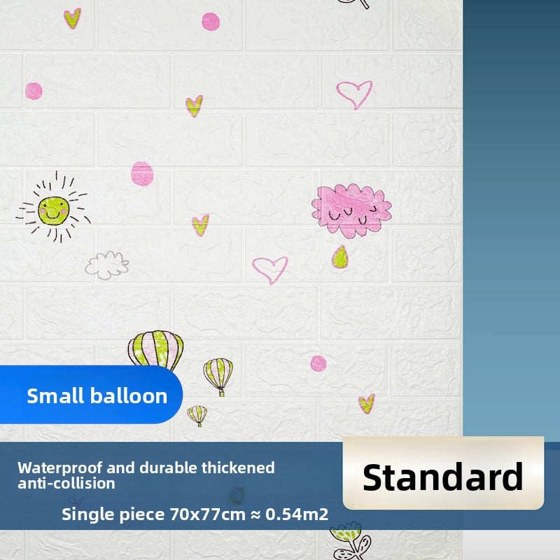 The wallpaper features self-adhesive retro brick patterns